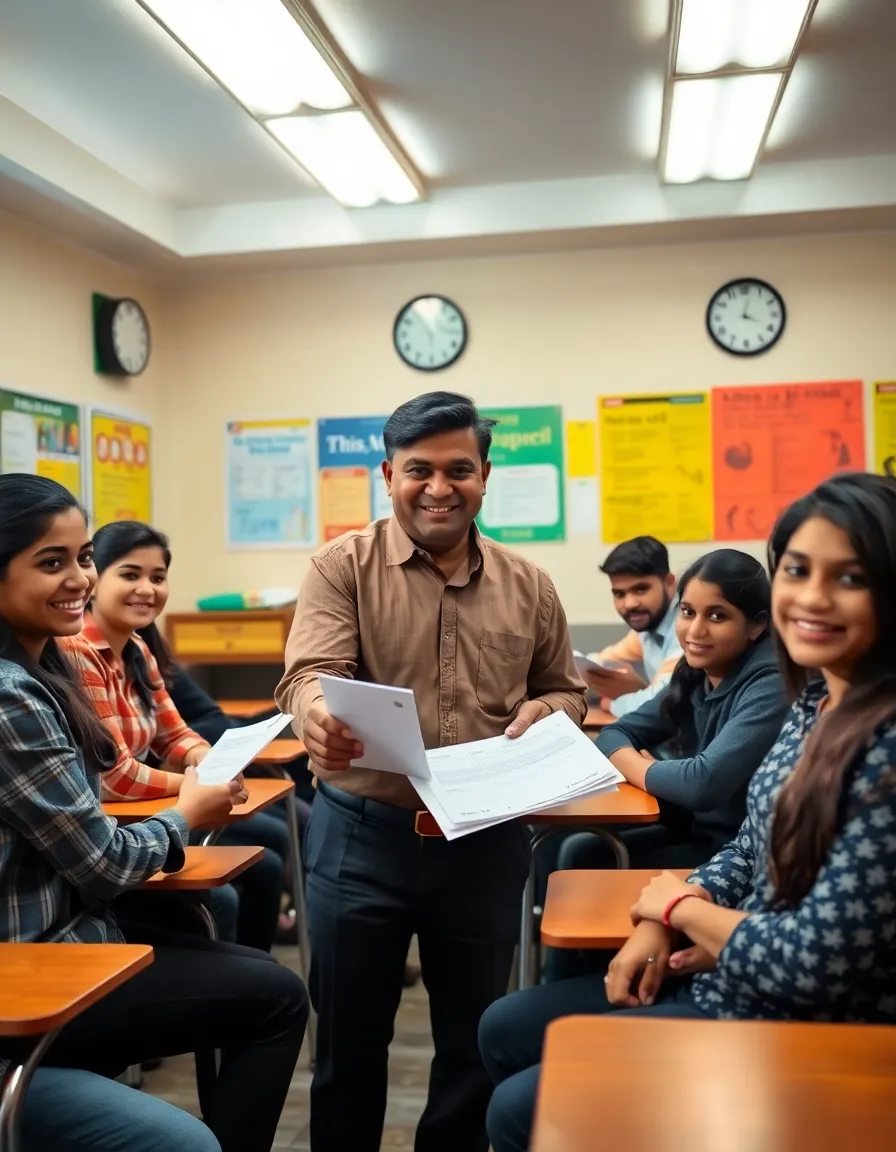 Home A teacher stands in the middle of a classroom, surrounded by students who are attentively listening and participating in a coaching session.