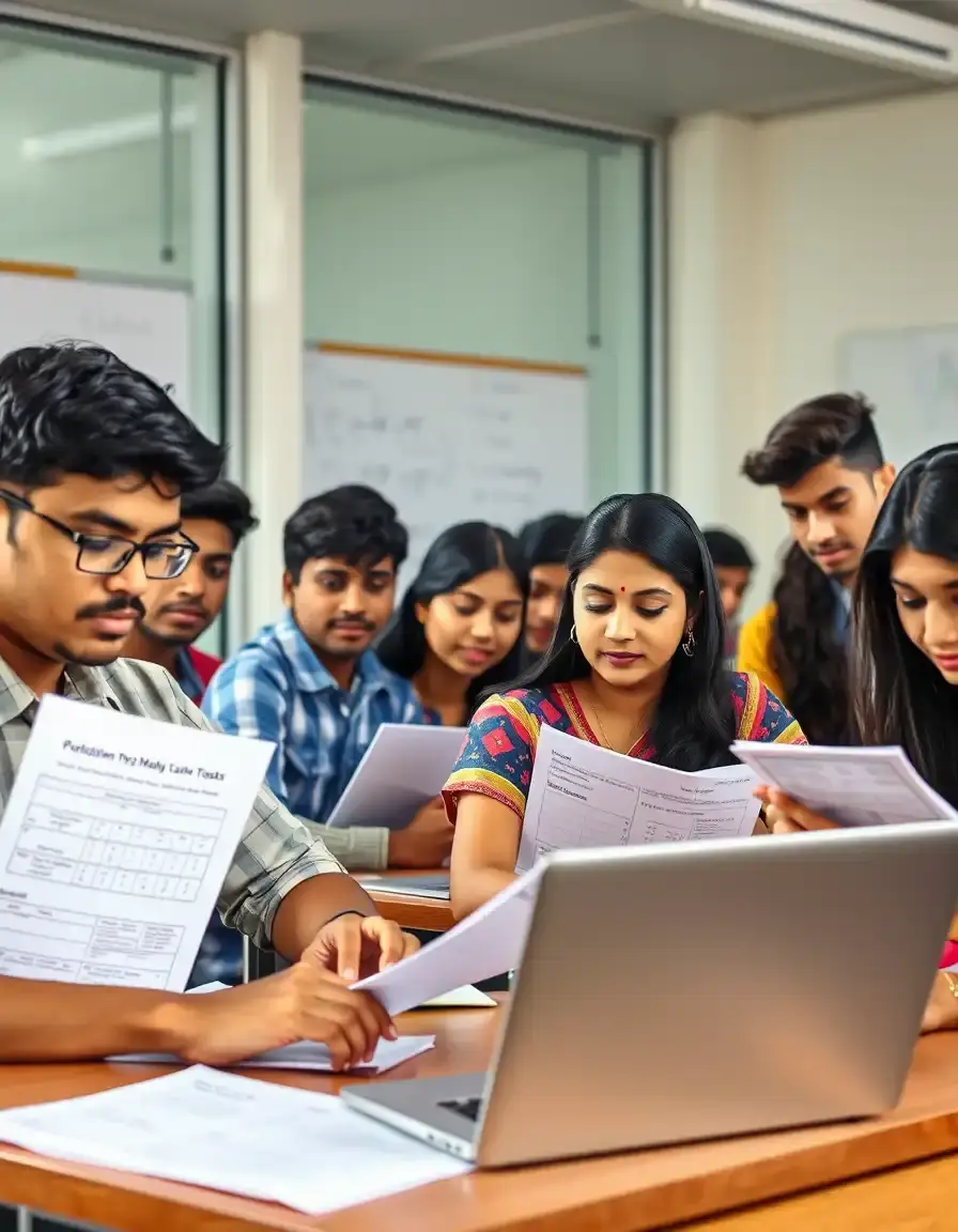 Home Many students sitting together in a classroom, reviewing and discussing the results of a competitive test series conducted by their coaching classes.